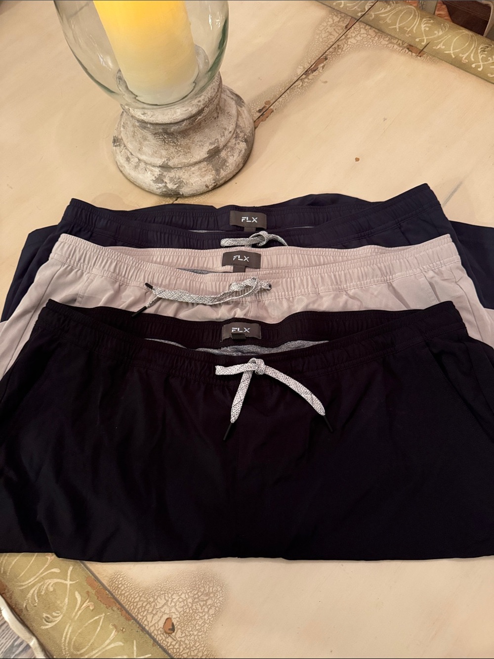 FLX Men’s Set of 3  Athletic Drawstring Shorts - Black, Tan and Navy